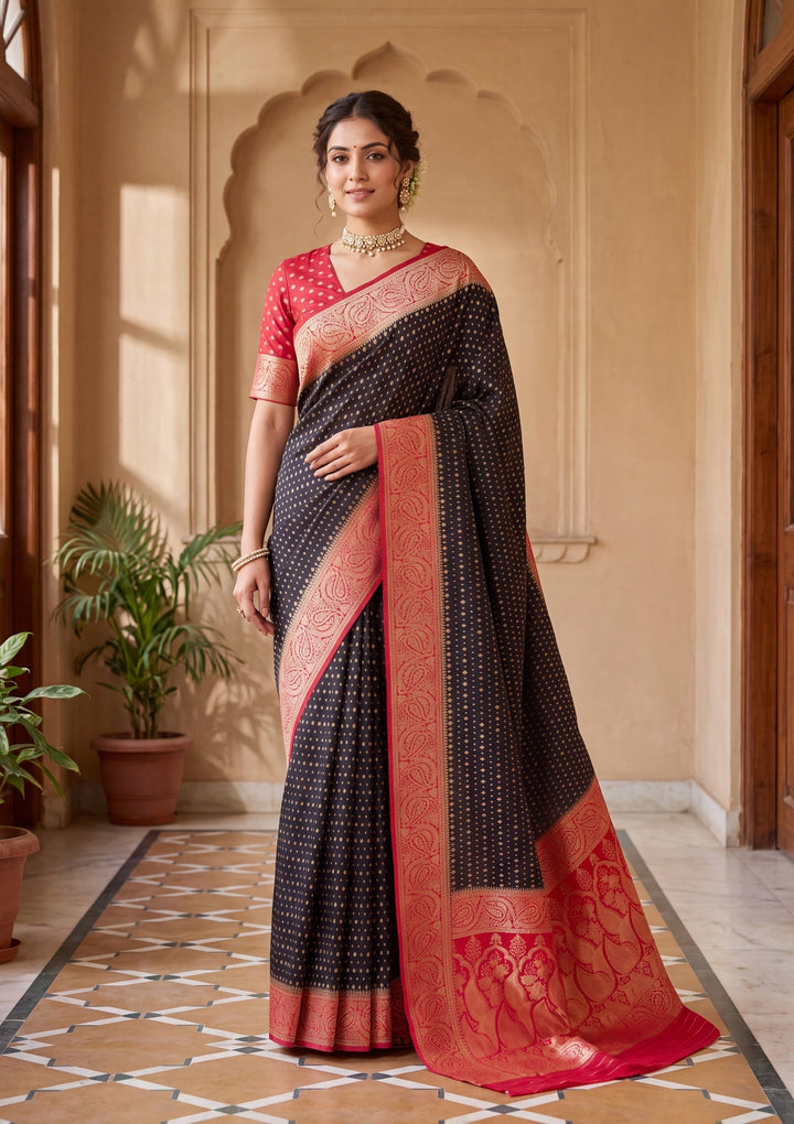 Black Silk Buti Saree With Matching Blouse Piece