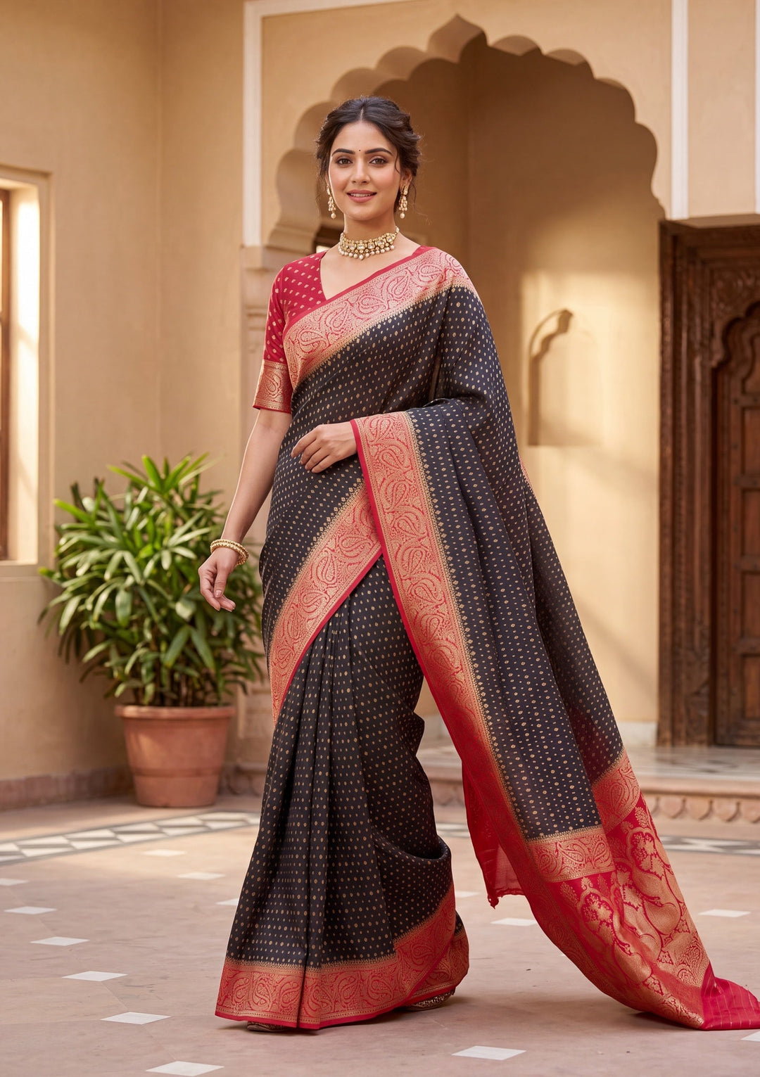 Black Silk Buti Saree With Matching Blouse Piece