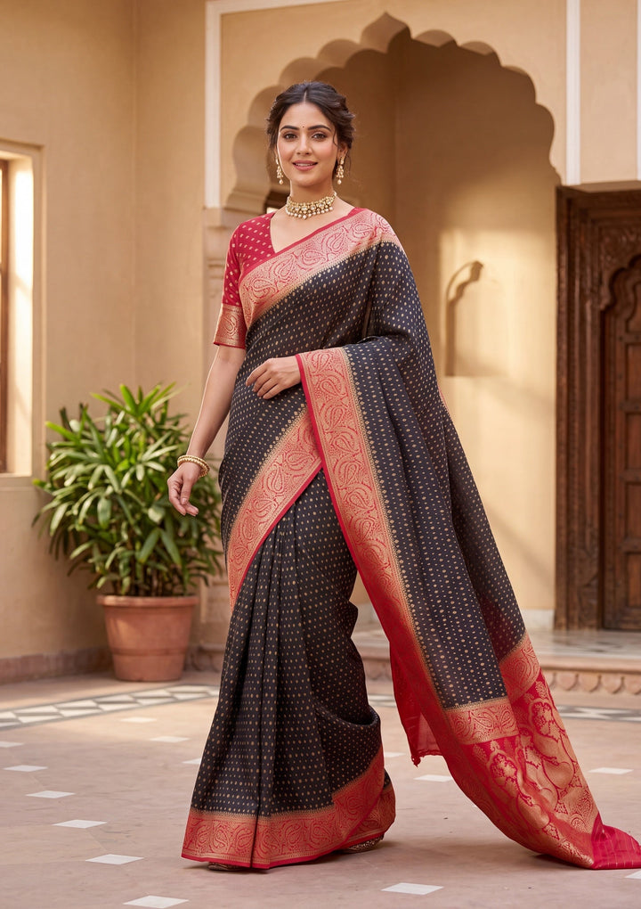 Black Silk Buti Saree With Matching Blouse Piece