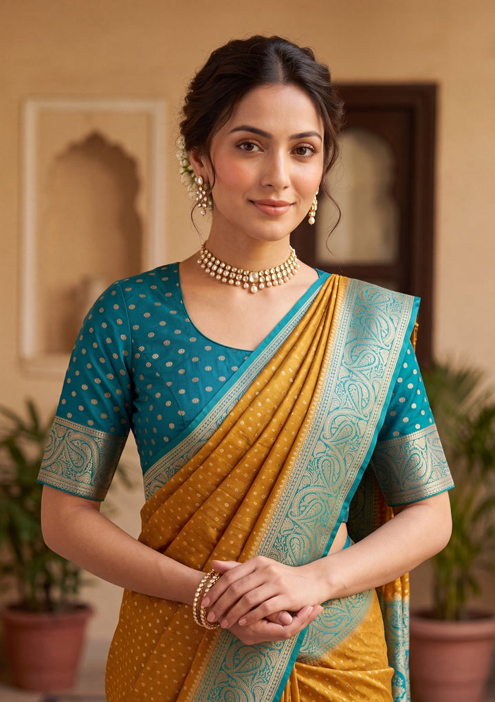 Mustard Yellow Banarasi Art Silk Saree With Matching Blouse Piece