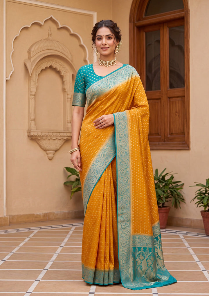 Mustard Yellow Banarasi Art Silk Saree With Matching Blouse Piece
