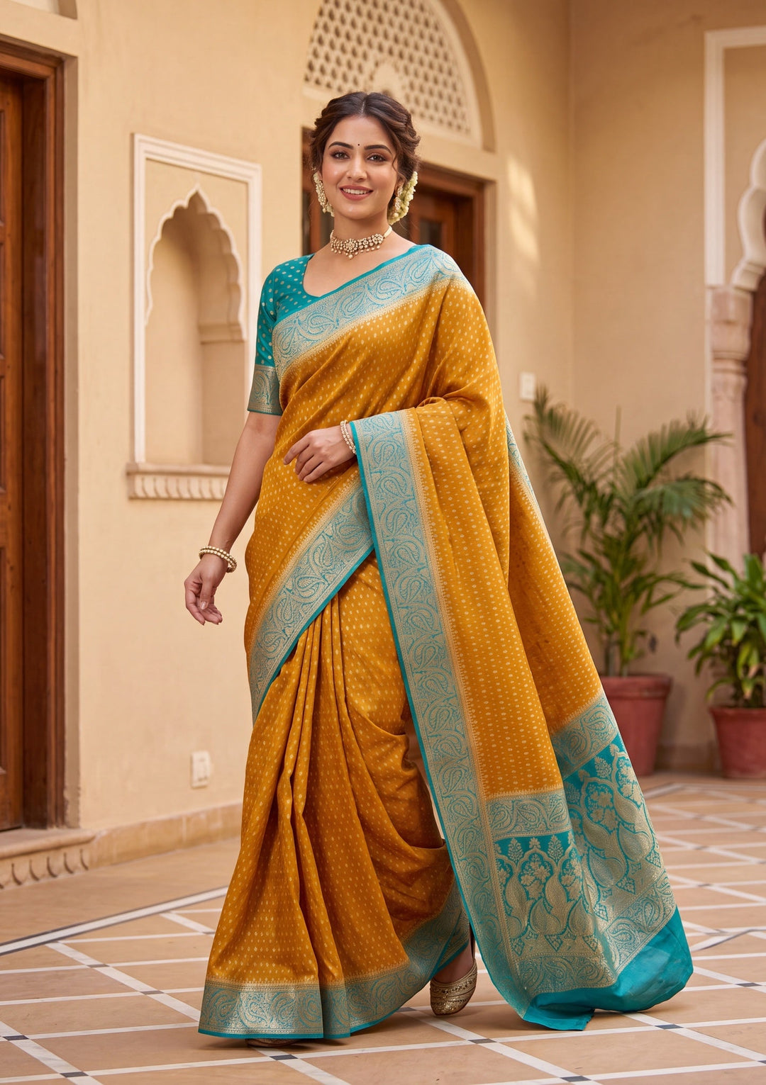 Mustard Yellow Banarasi Art Silk Saree With Matching Blouse Piece