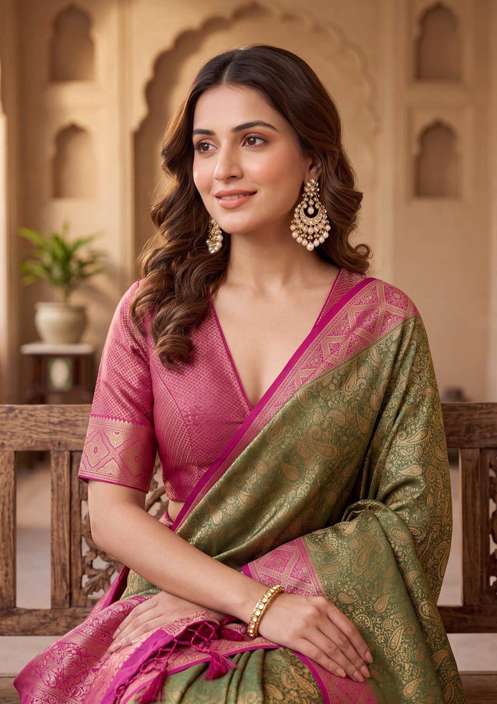 Bottle Green Art Silk Banarasi Jaal Saree With Matching Blouse Piece