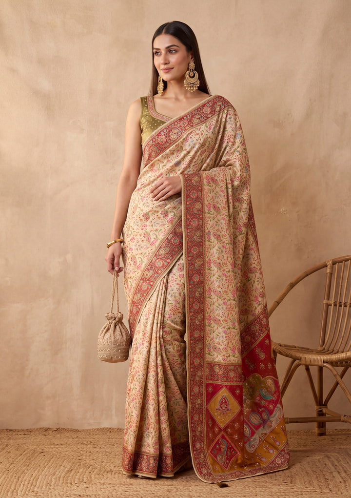 Off White Silk Jaal Cutdana Saree With Matching Blouse Piece