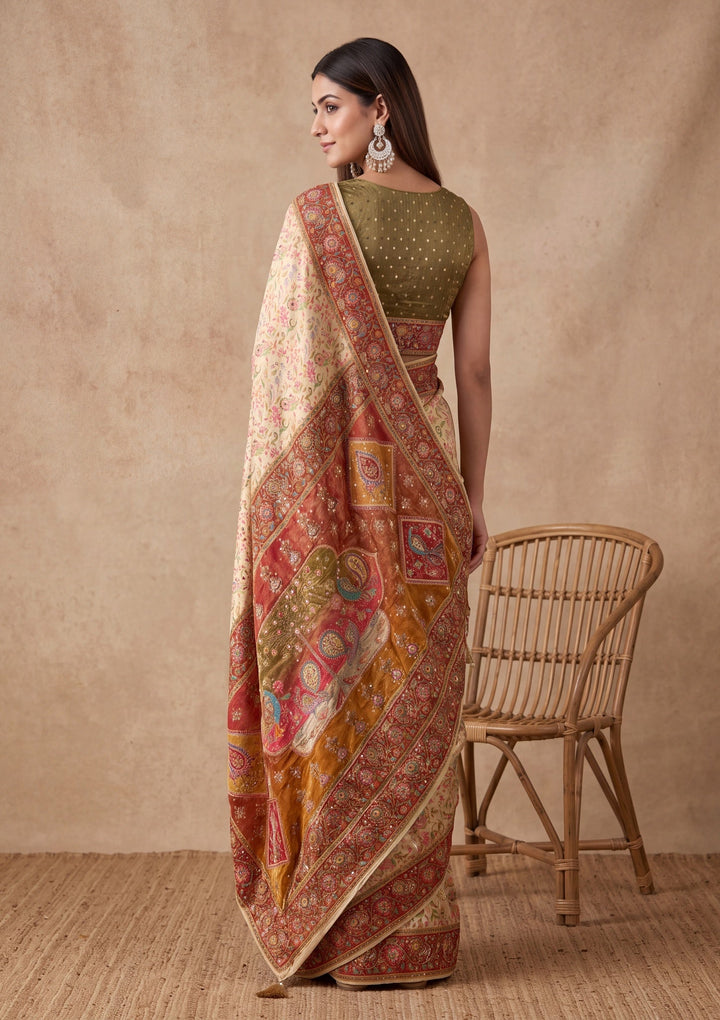 Off White Silk Jaal Cutdana Saree With Matching Blouse Piece