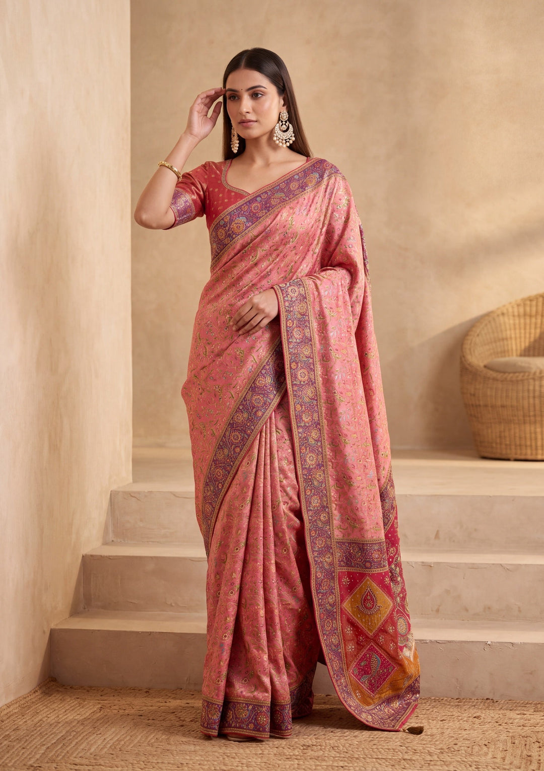 Pink Silk Jaal Cutdana Saree With Matching Blouse Piece