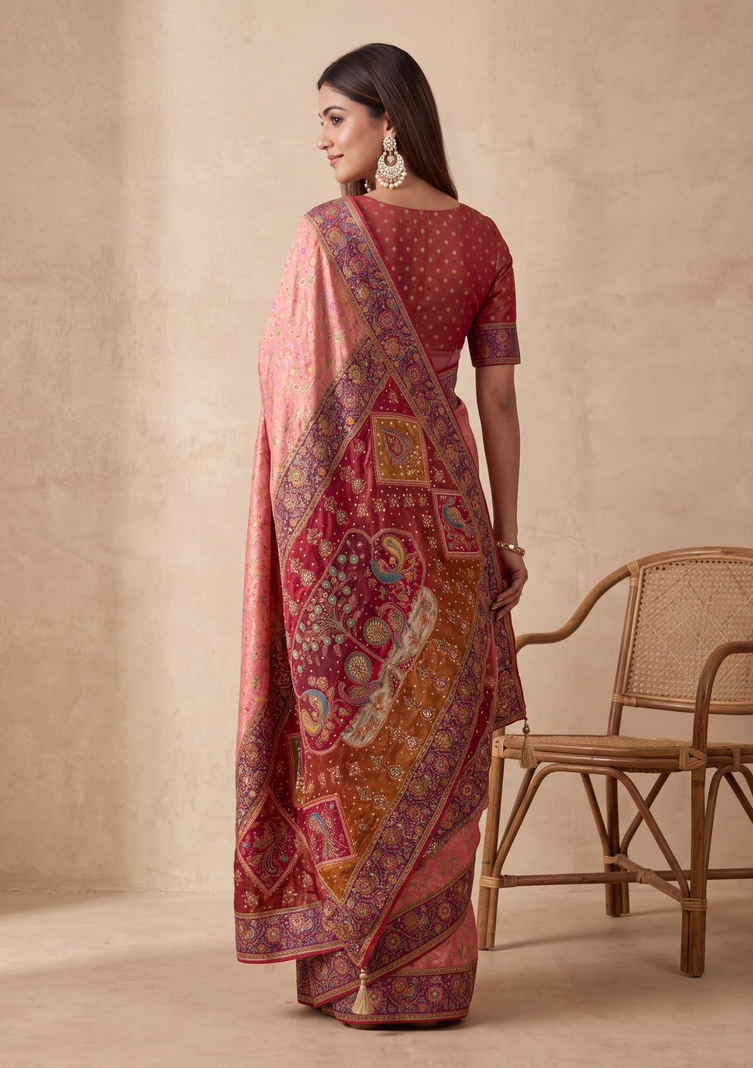Pink Silk Jaal Cutdana Saree With Matching Blouse Piece