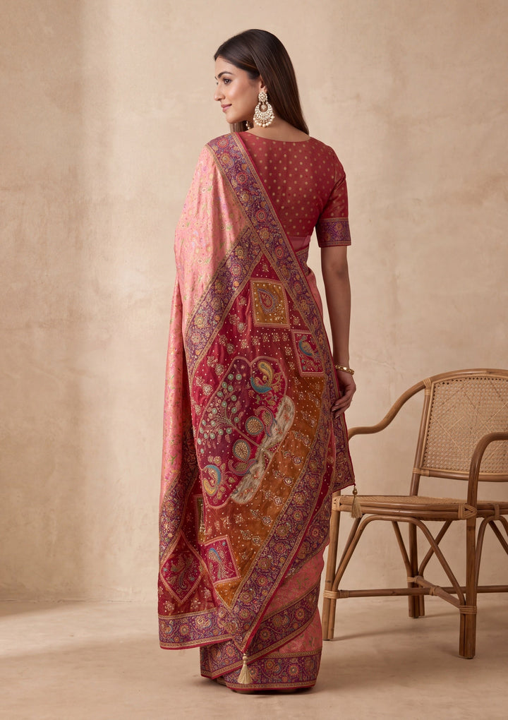 Pink Silk Jaal Cutdana Saree With Matching Blouse Piece