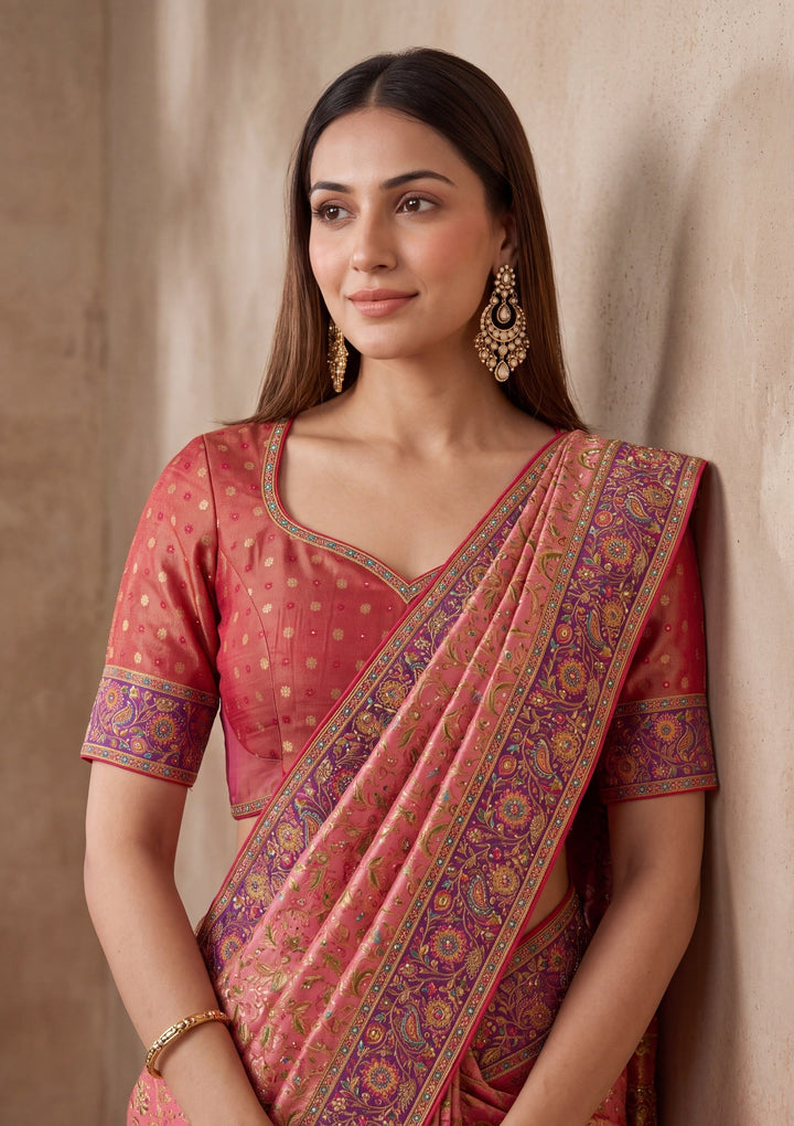 Pink Silk Jaal Cutdana Saree With Matching Blouse Piece