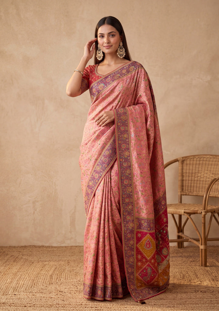 Pink Silk Jaal Cutdana Saree With Matching Blouse Piece