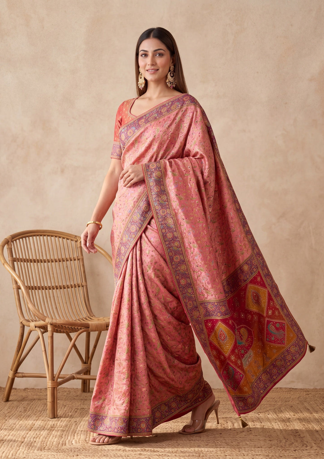Pink Silk Jaal Cutdana Saree With Matching Blouse Piece