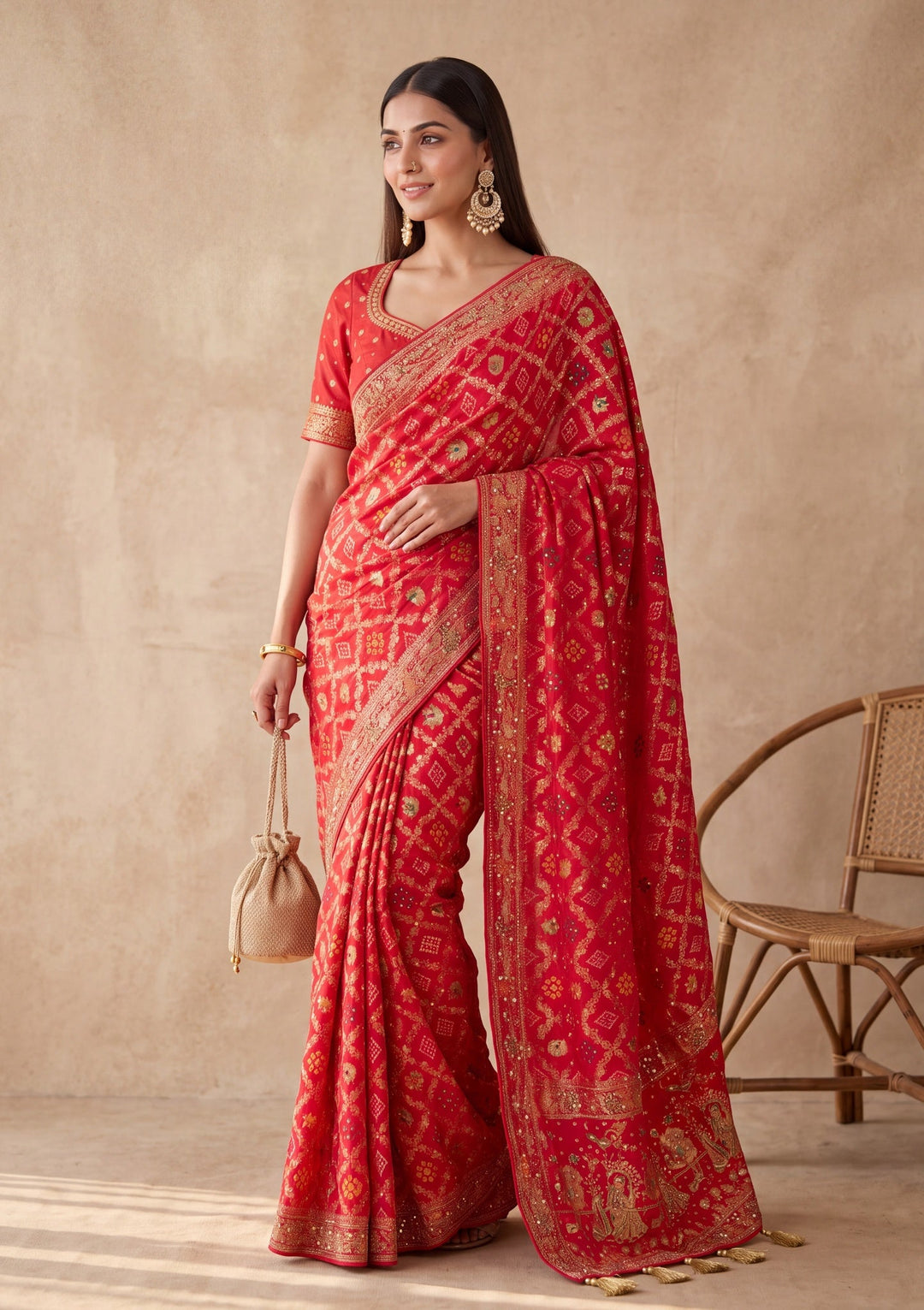 Red Silk Jaal Cutdana Saree With Matching Blouse Piece
