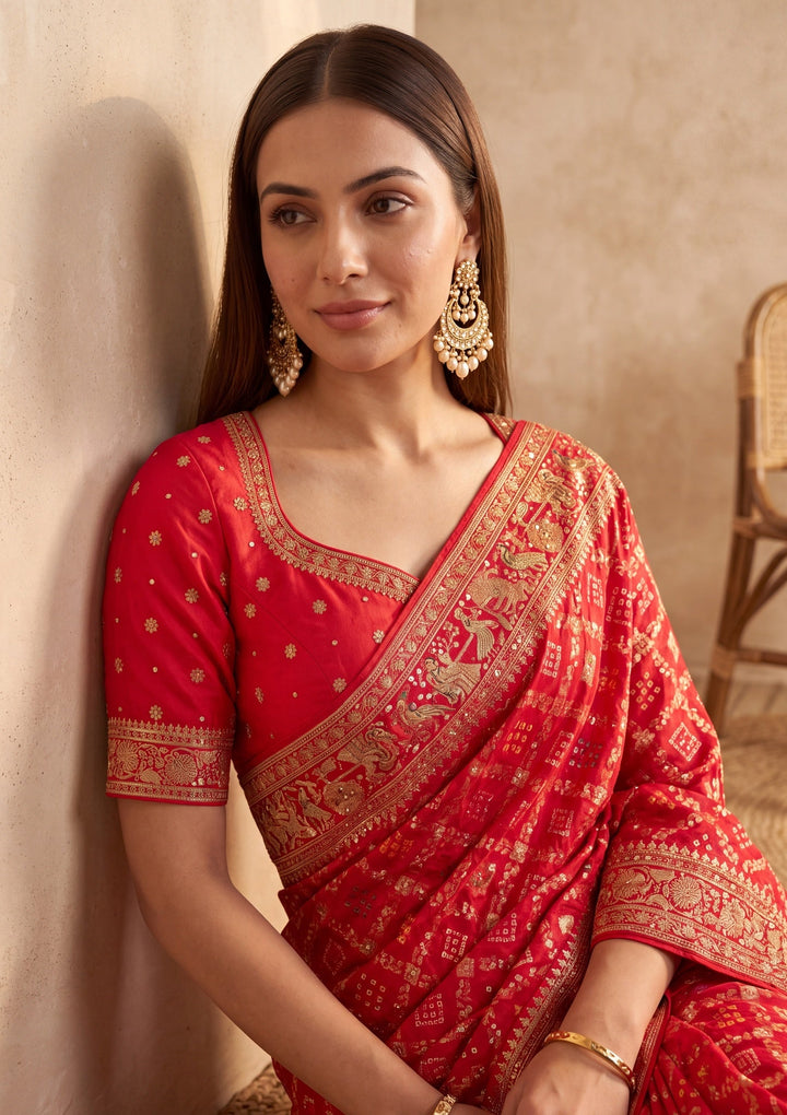 Red Silk Jaal Cutdana Saree With Matching Blouse Piece