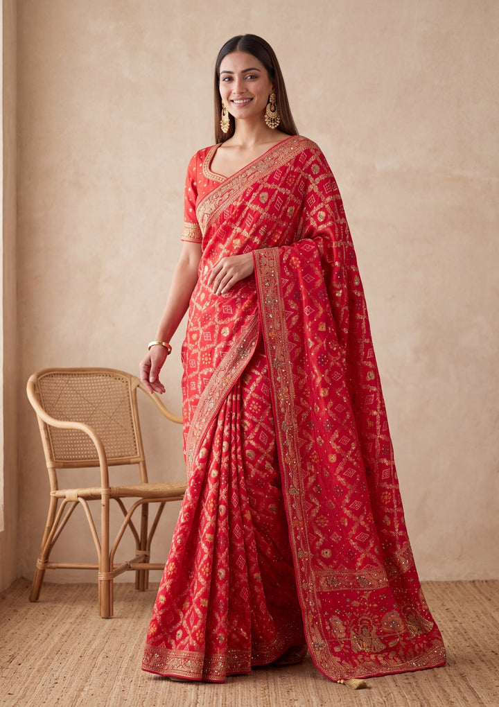 Red Silk Jaal Cutdana Saree With Matching Blouse Piece