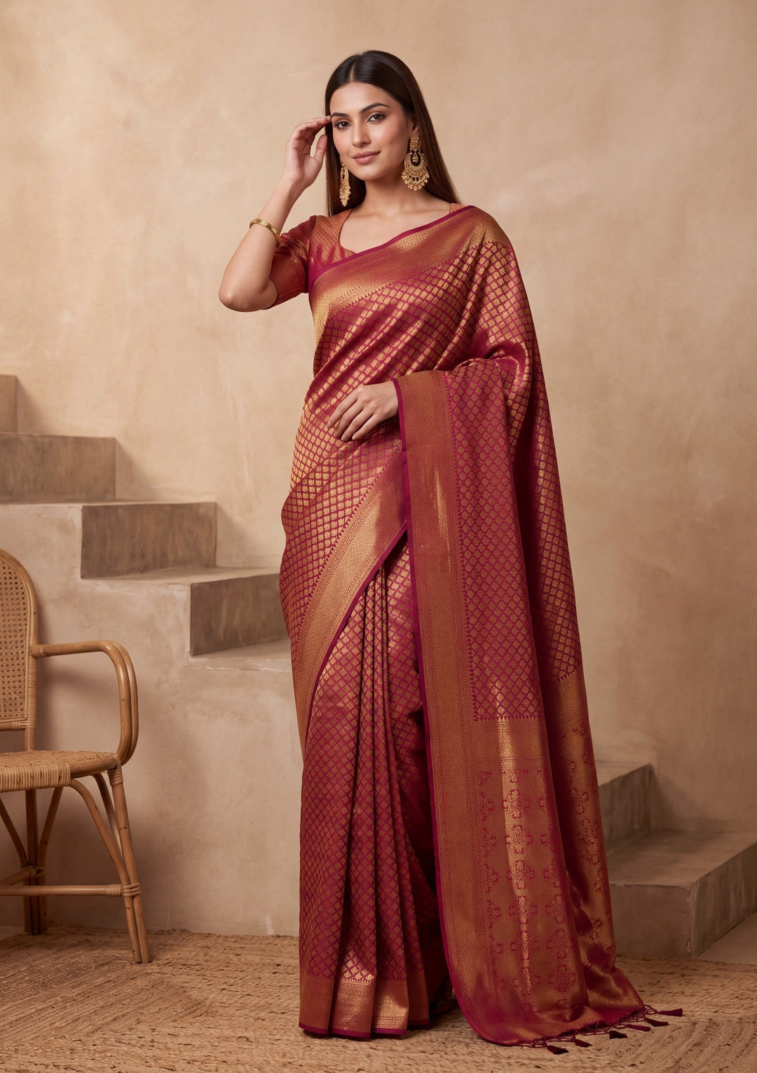 Maroon Silk Jaal Saree With Matching Blouse Piece