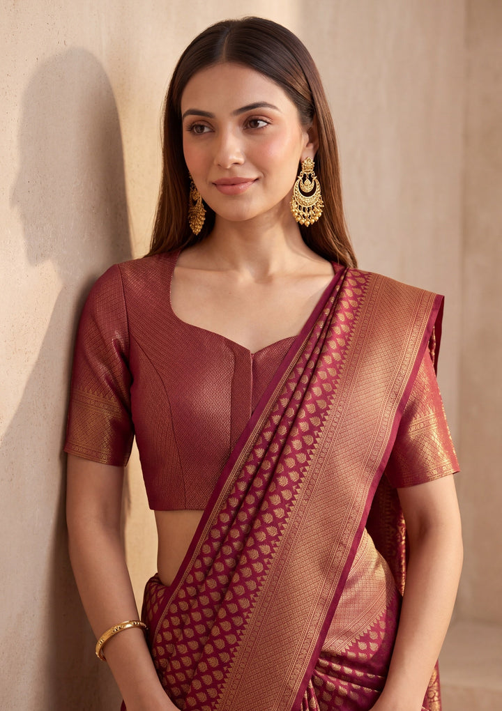 Maroon Silk Jaal Saree With Matching Blouse Piece