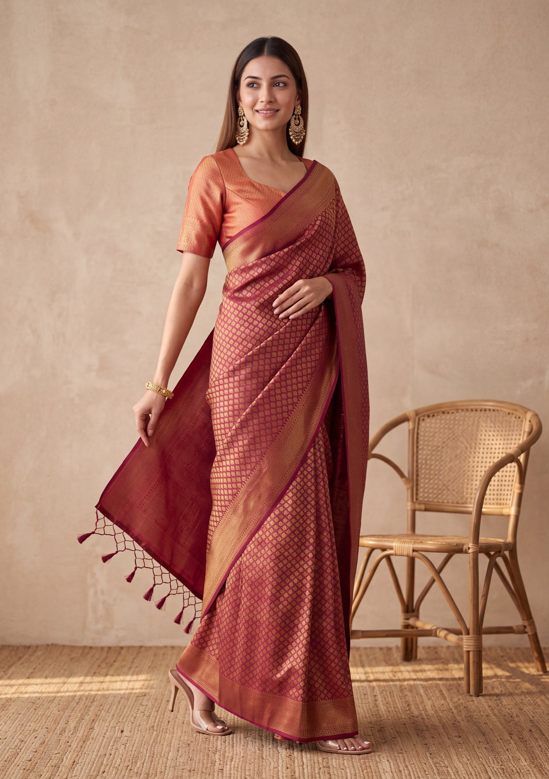 Maroon Silk Jaal Saree With Matching Blouse Piece