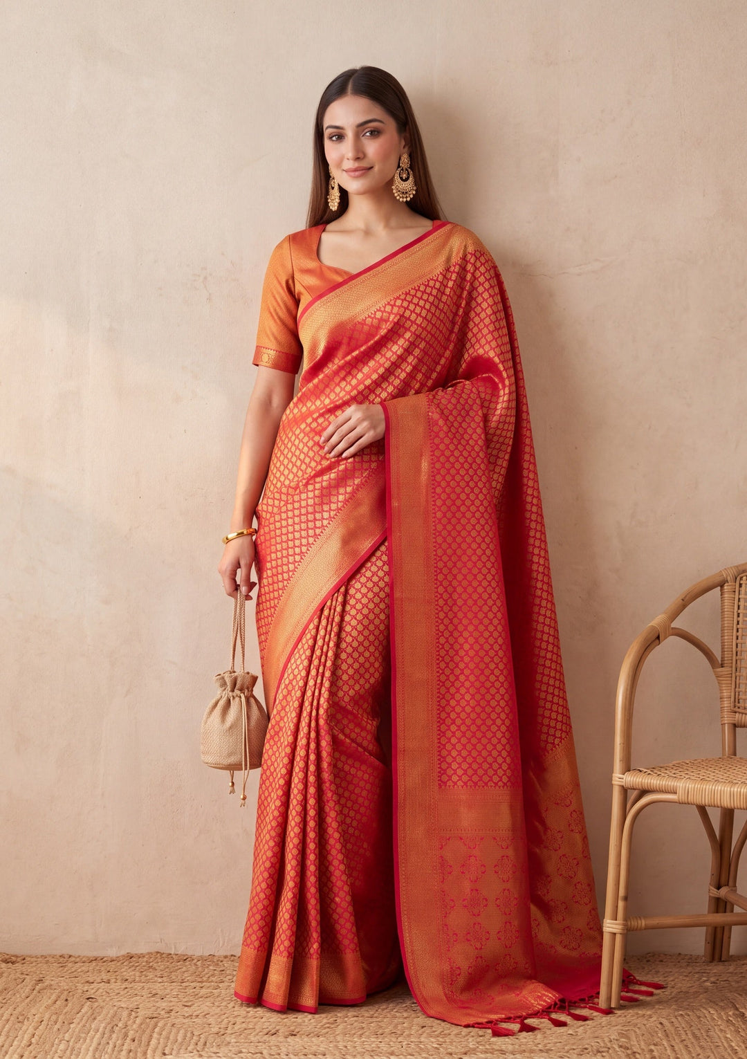 Red Silk Jaal Saree With Matching Blouse Piece