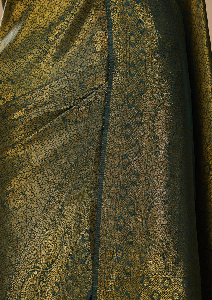 Bottle Green Silk Jaal Saree With Matching Blouse Piece