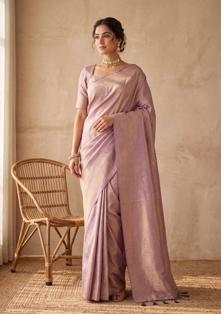 Lavender Silk Jaal Saree With Matching Blouse Piece