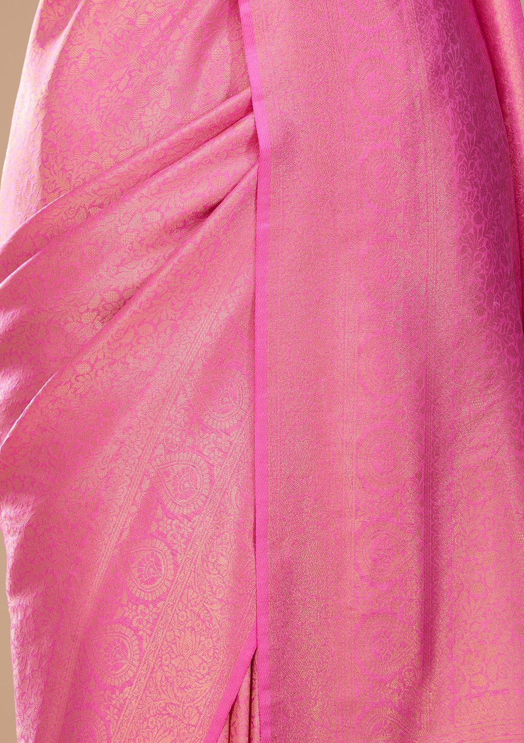 Pink Art Silk Kanjivaram Jaal Saree With Matching Blouse Piece