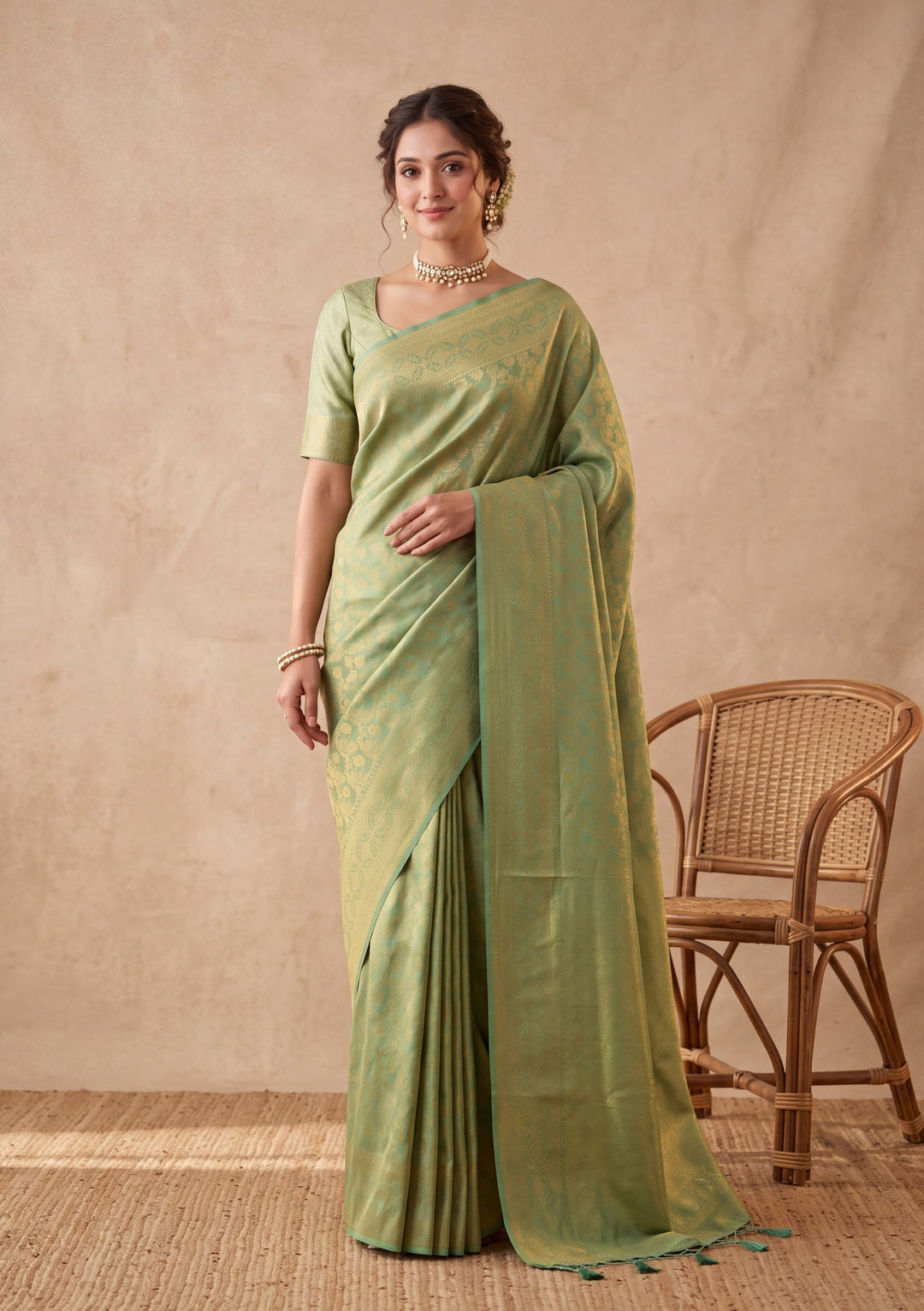 Sea Green Silk Jaal Saree With Matching Blouse Piece