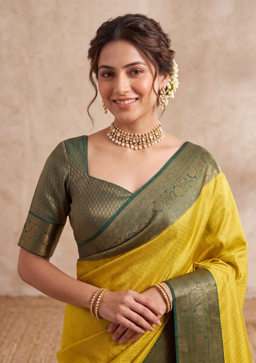 Lime Green Silk Saree With Matching Blouse Piece