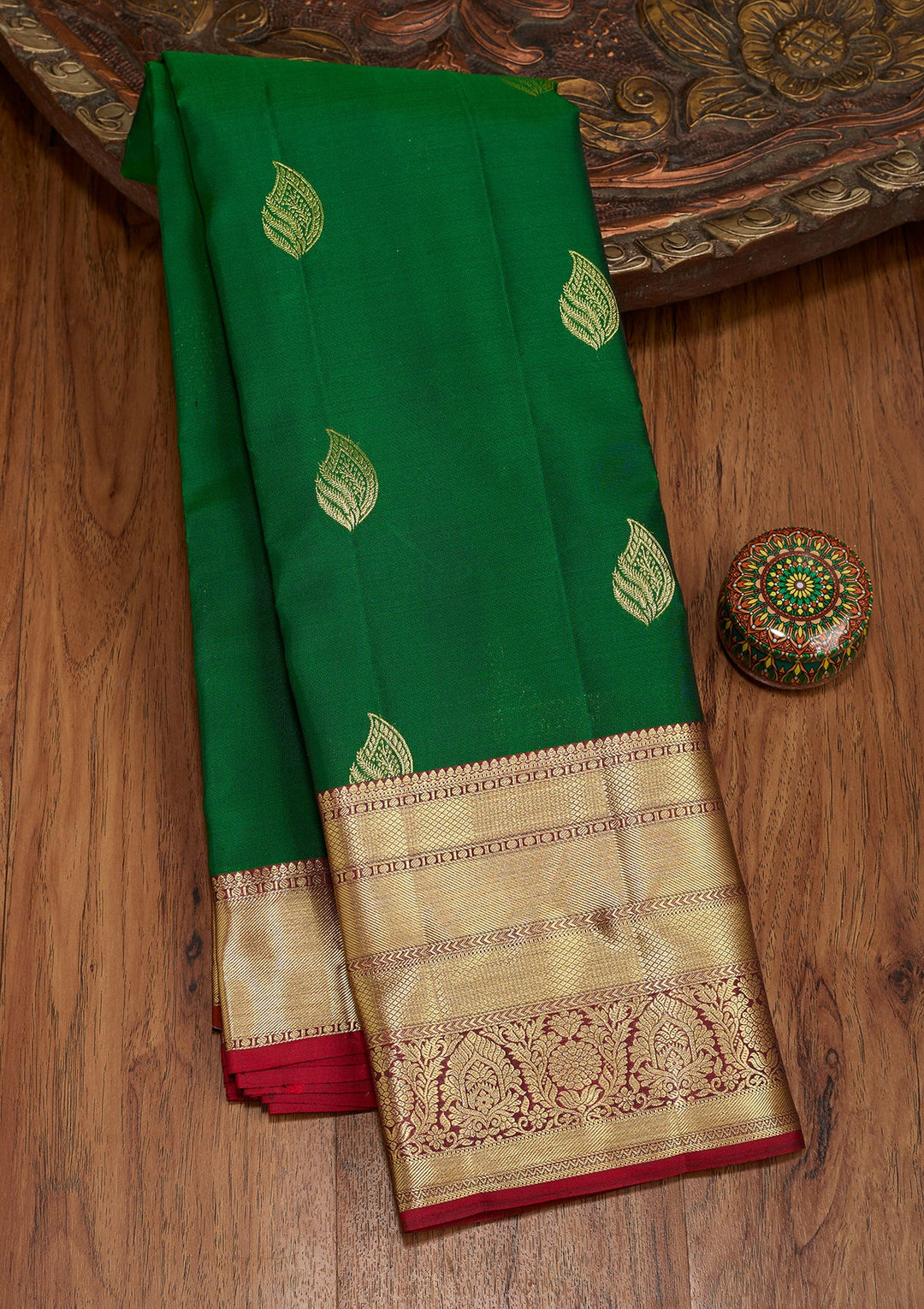 Bottle Green Dharmavaram Pure Silk Saree With Matching Blouse Piece