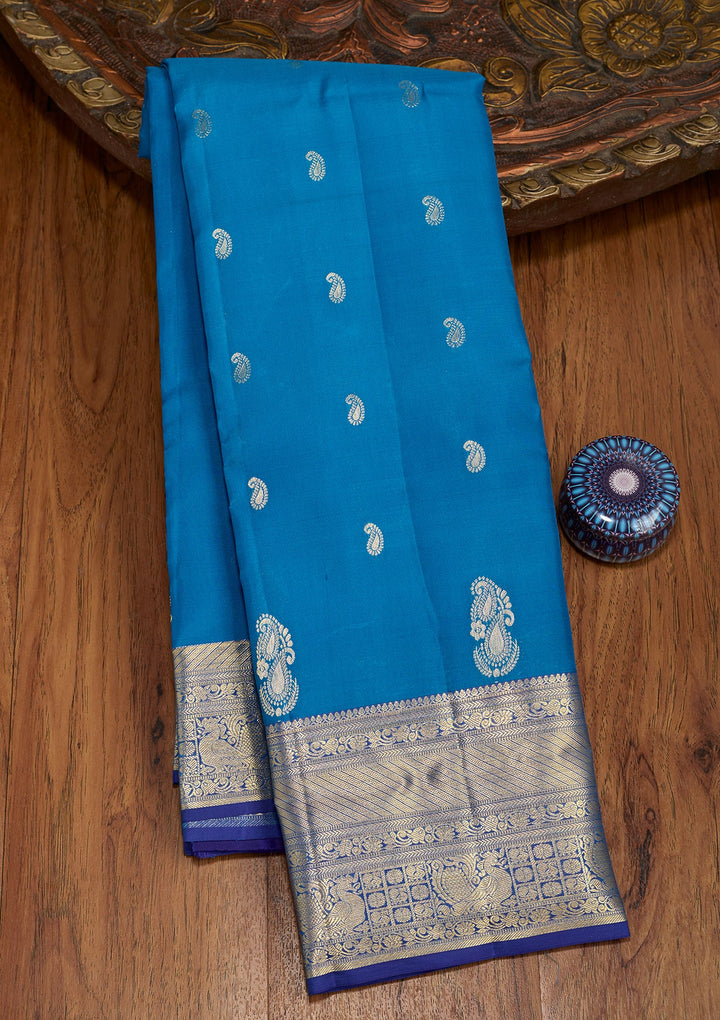 Turquoise Blue Dharmavaram Pure Silk Saree With Matching Blouse Piece