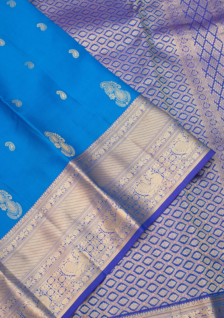 Turquoise Blue Dharmavaram Pure Silk Saree With Matching Blouse Piece