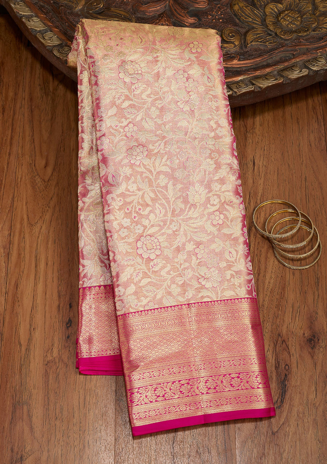 Peach Dharmavaram Tissue Pure Silk Saree With Matching Blouse Piece