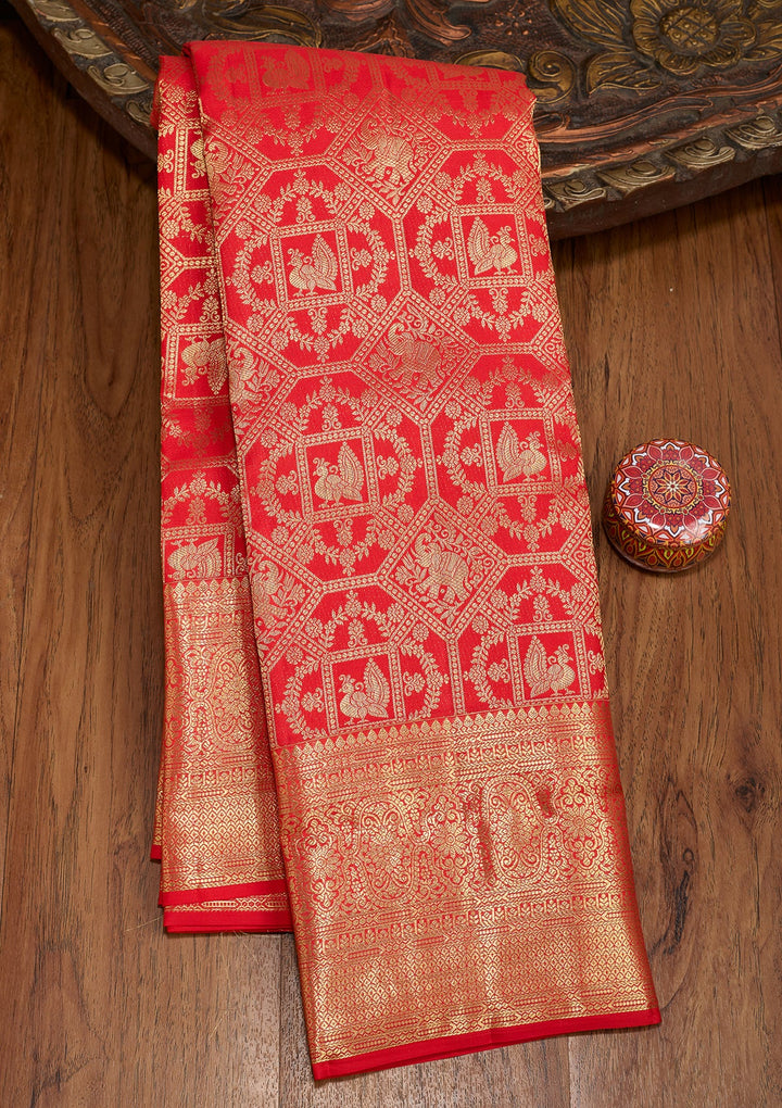 Red Dharmavaram Pure Silk Saree With Matching Blouse Piece