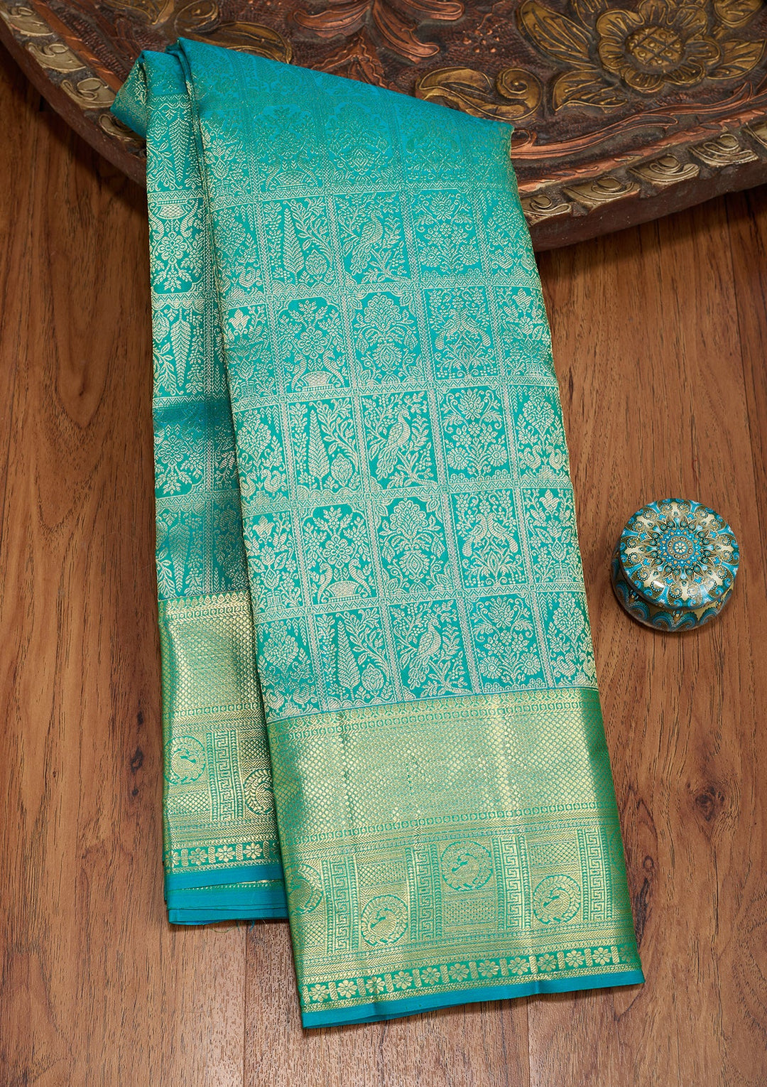 Turquoise Blue Dharmavaram Pure Silk Saree With Matching Blouse Piece