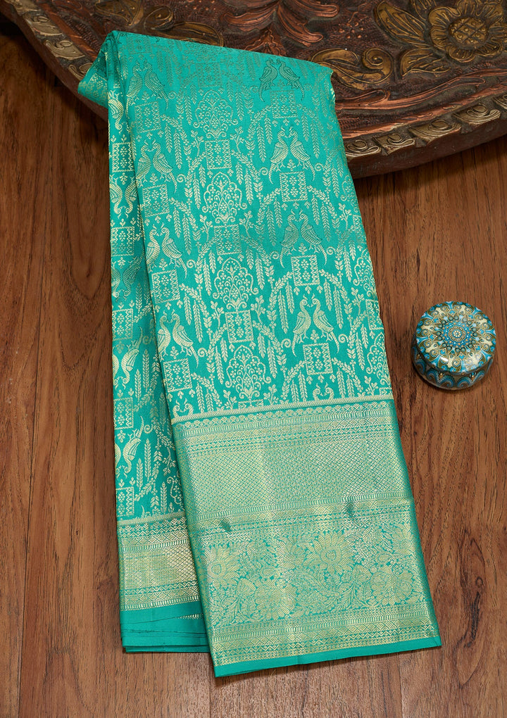 Rama Green Dharmavaram Pure Silk Saree With Matching Blouse Piece