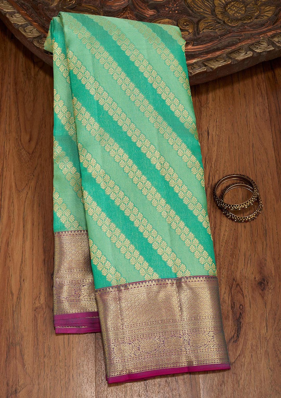 Sea Green Dharmavaram Pure Silk Saree With Matching Blouse Piece