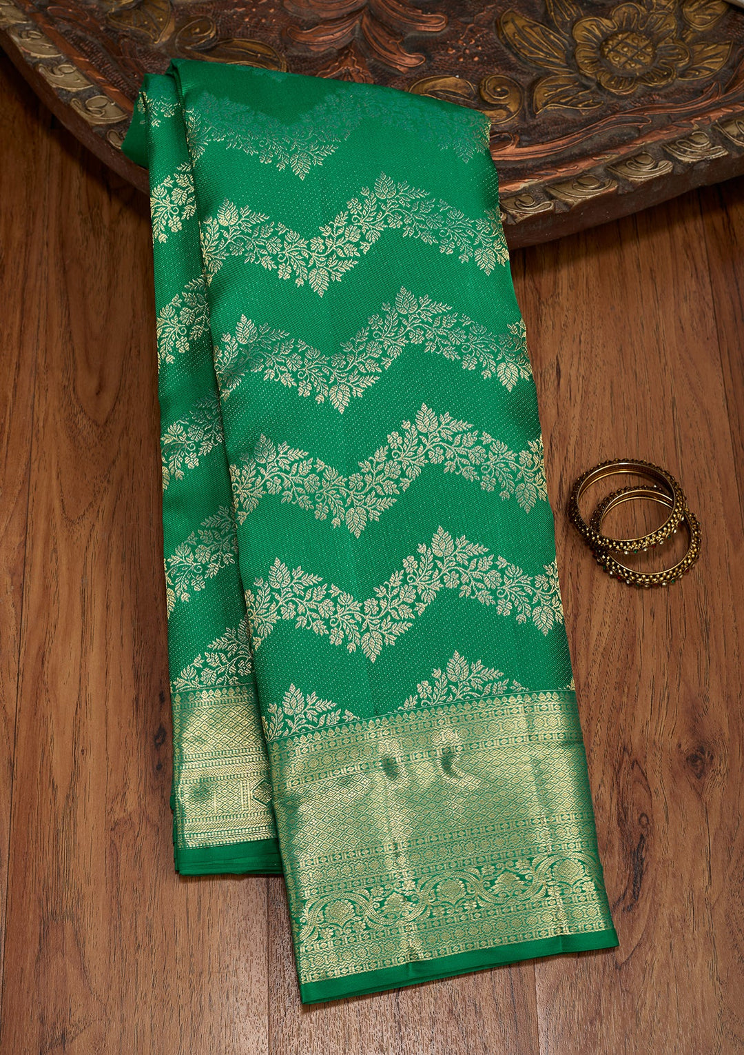 Rama Green Dharmavaram Pure Silk Saree With Matching Blouse Piece