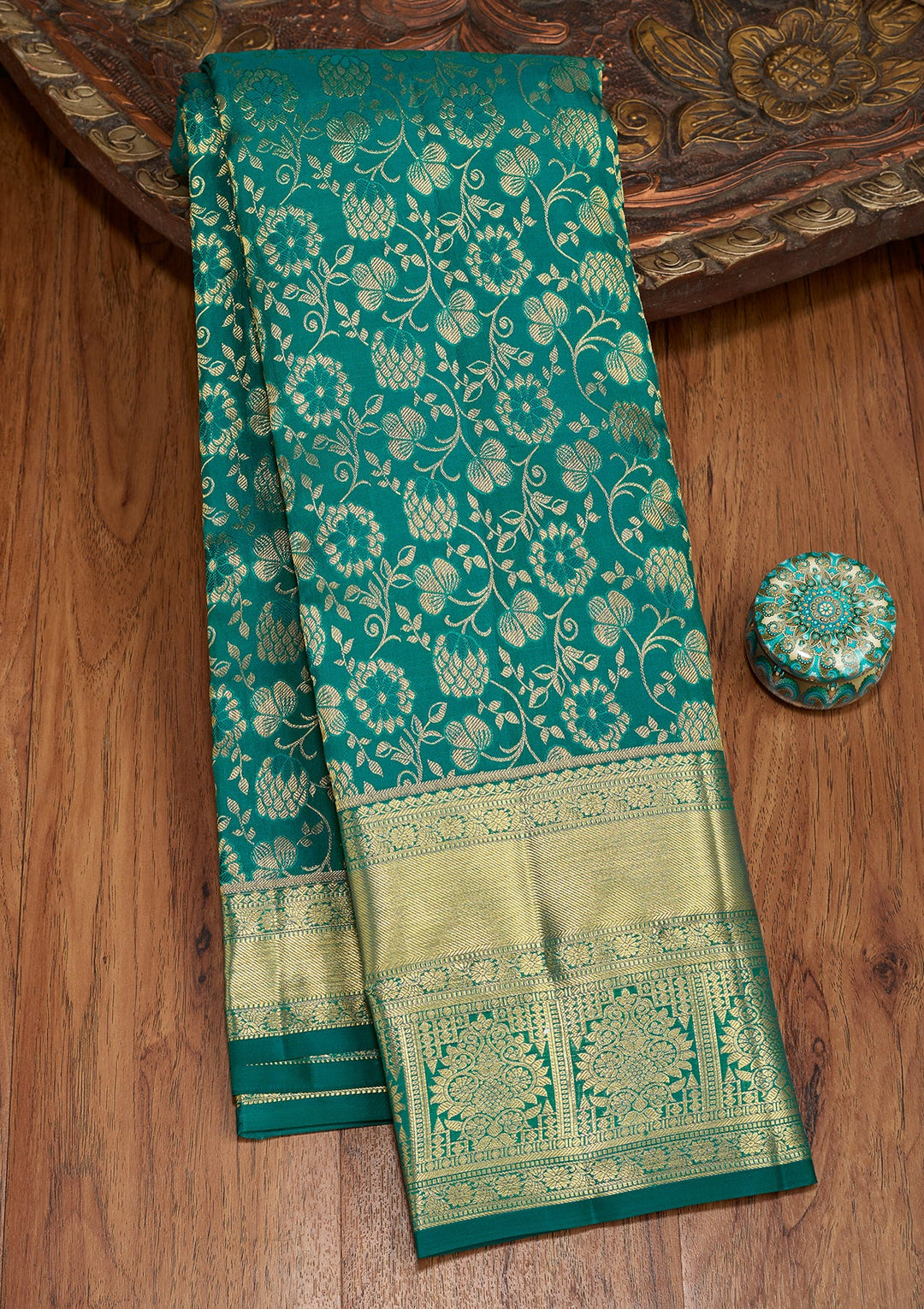 Teal Green Dharmavaram Pure Silk Saree With Matching Blouse Piece