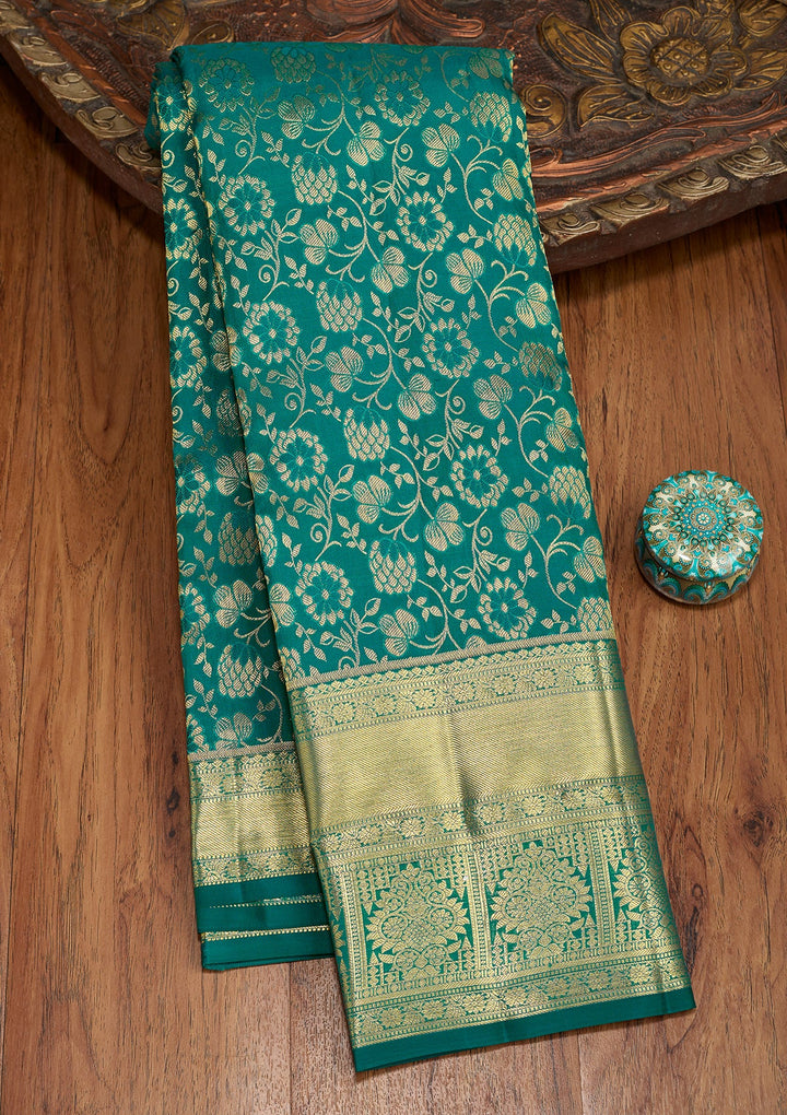 Teal Green Dharmavaram Pure Silk Saree With Matching Blouse Piece
