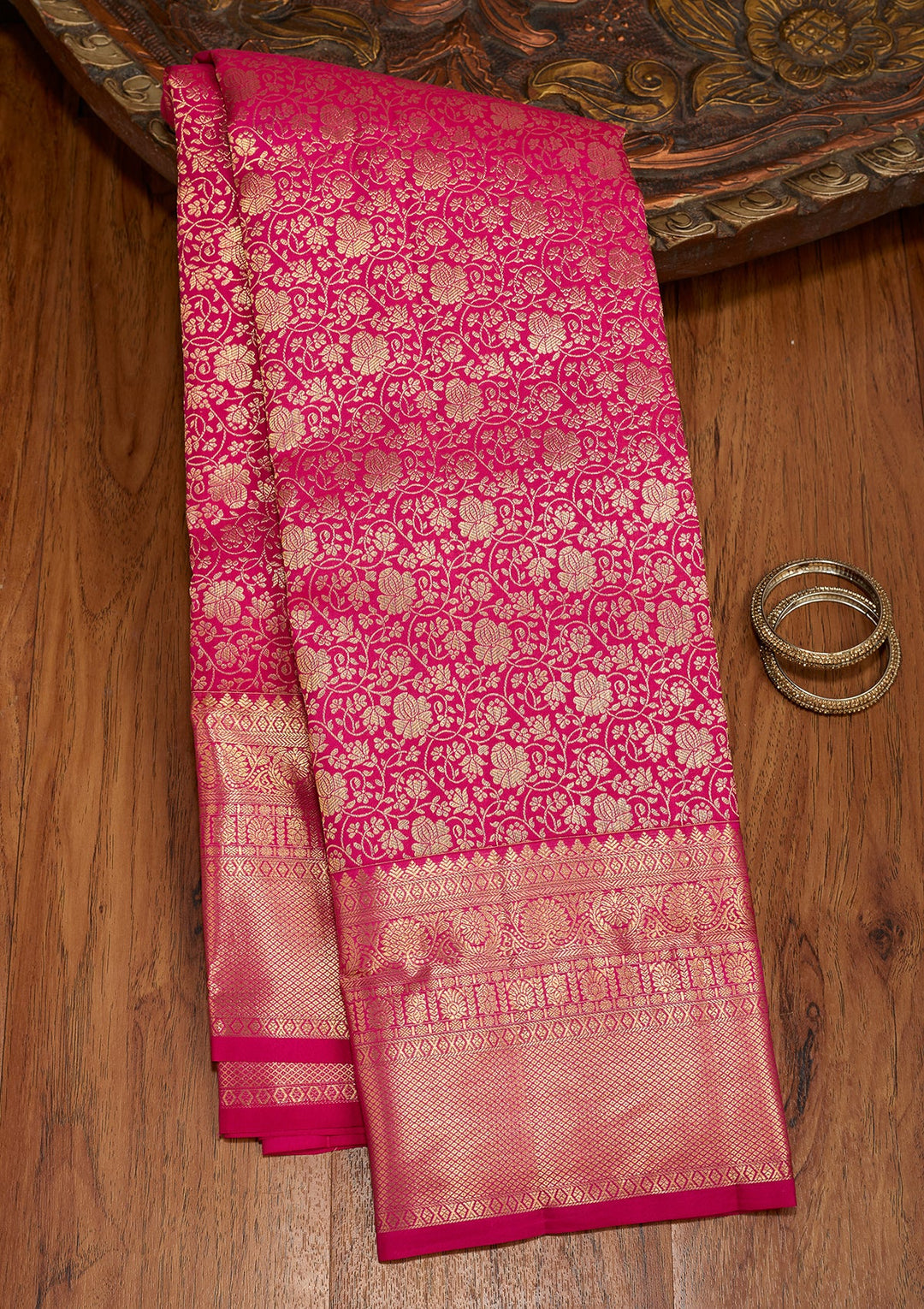 Rani Pink Dharmavaram Pure Silk Saree With Matching Blouse Piece