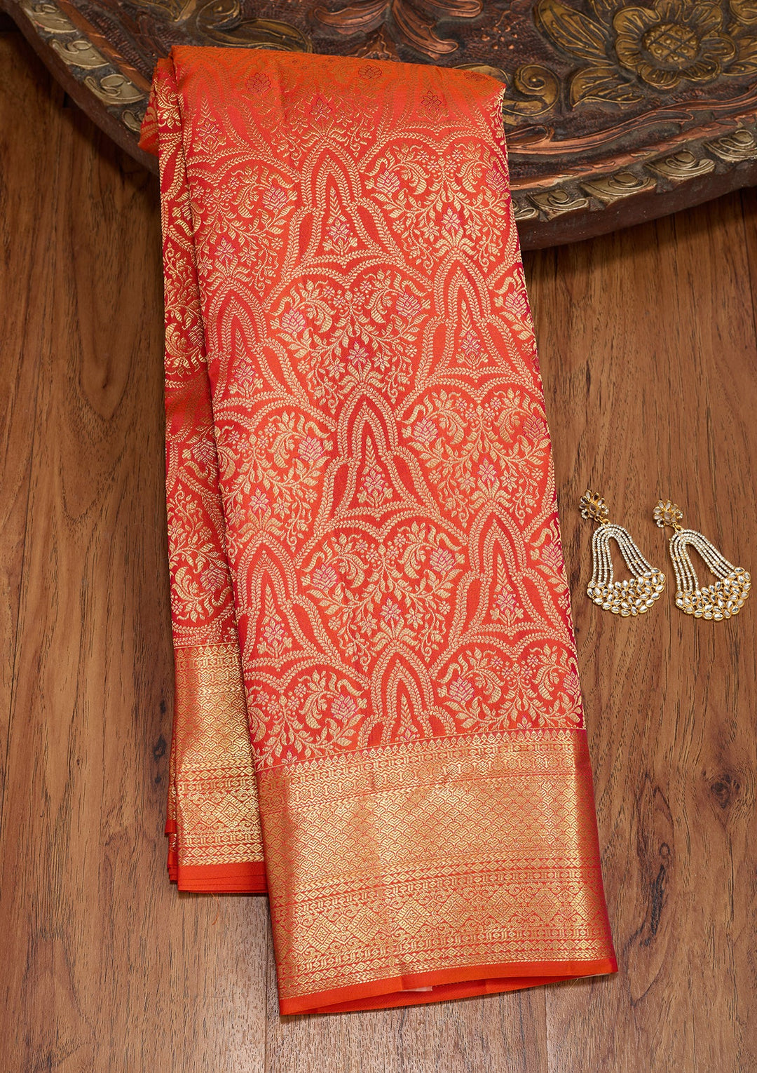 Orange Dharmavaram Pure Silk Saree With Matching Blouse Piece