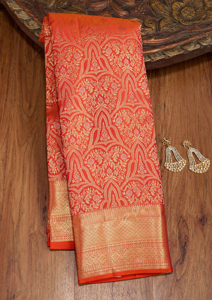 Orange Dharmavaram Pure Silk Saree With Matching Blouse Piece