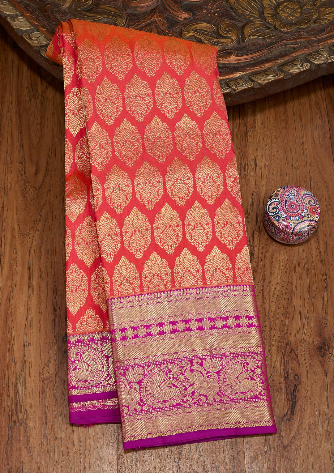 Orange Dharmavaram Pure Silk Saree With Matching Blouse Piece