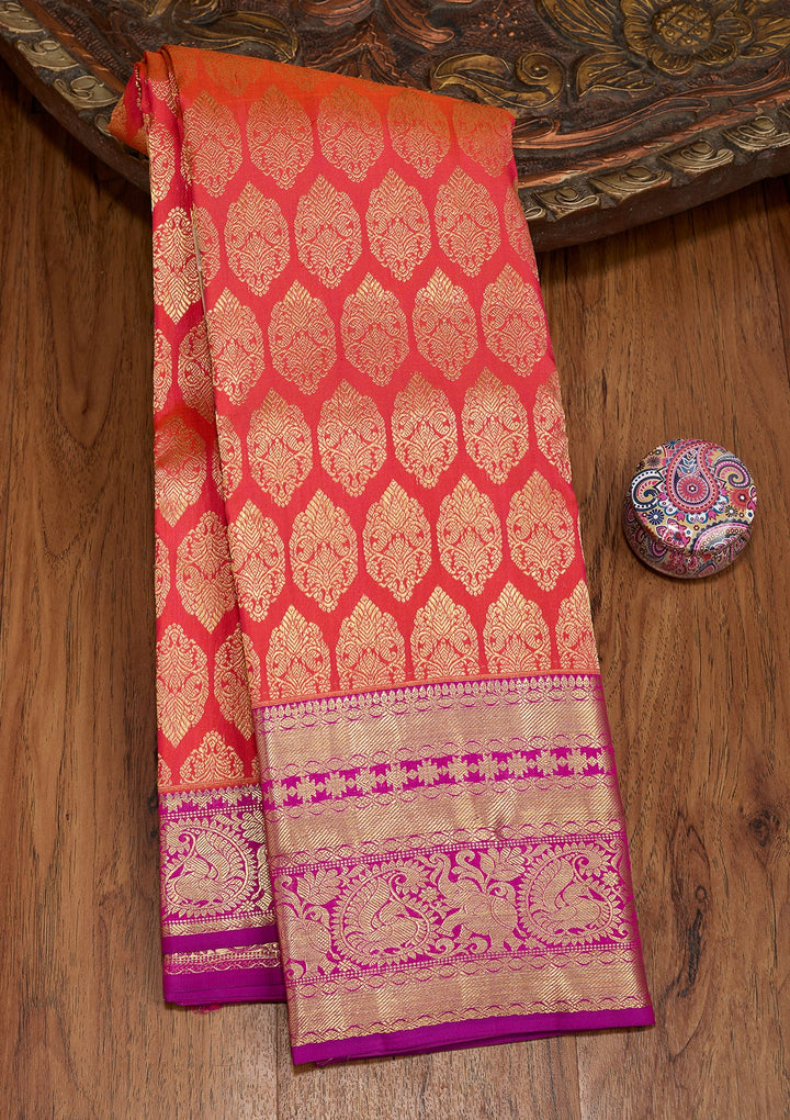 Orange Dharmavaram Pure Silk Saree With Matching Blouse Piece