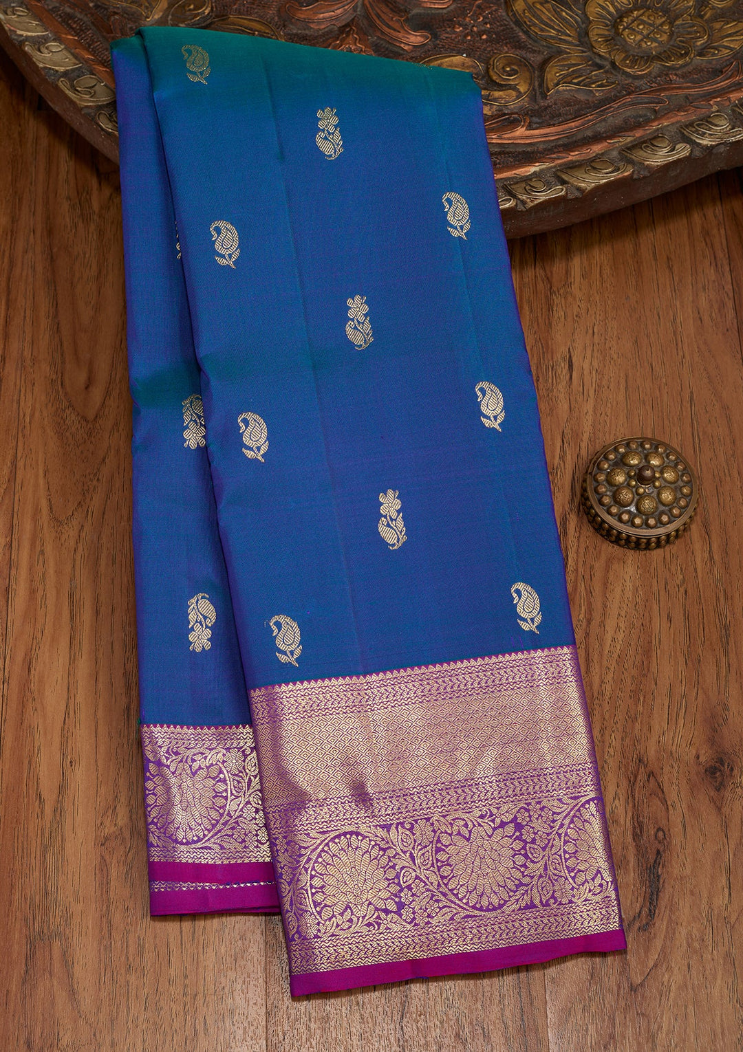 Peacock Blue Dharmavaram Pure Silk Saree With Matching Blouse Piece
