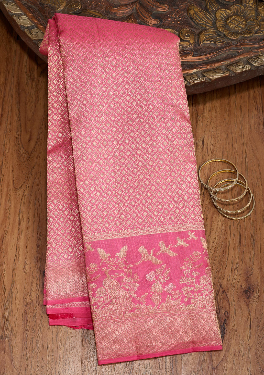 Pink Dharmavaram Pure Silk Saree With Matching Blouse Piece