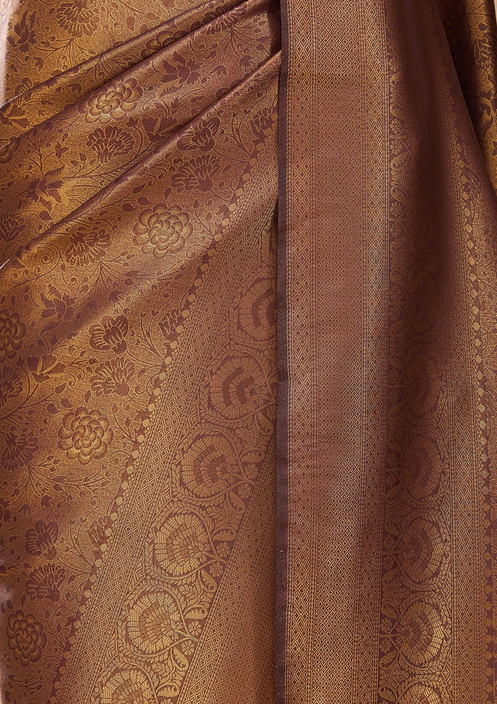 Brown Silk Jaal Saree With Matching Blouse Piece