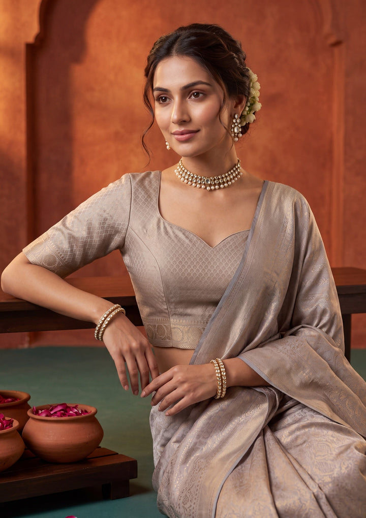 Light Grey Silk Jaal Saree With Matching Blouse Piece