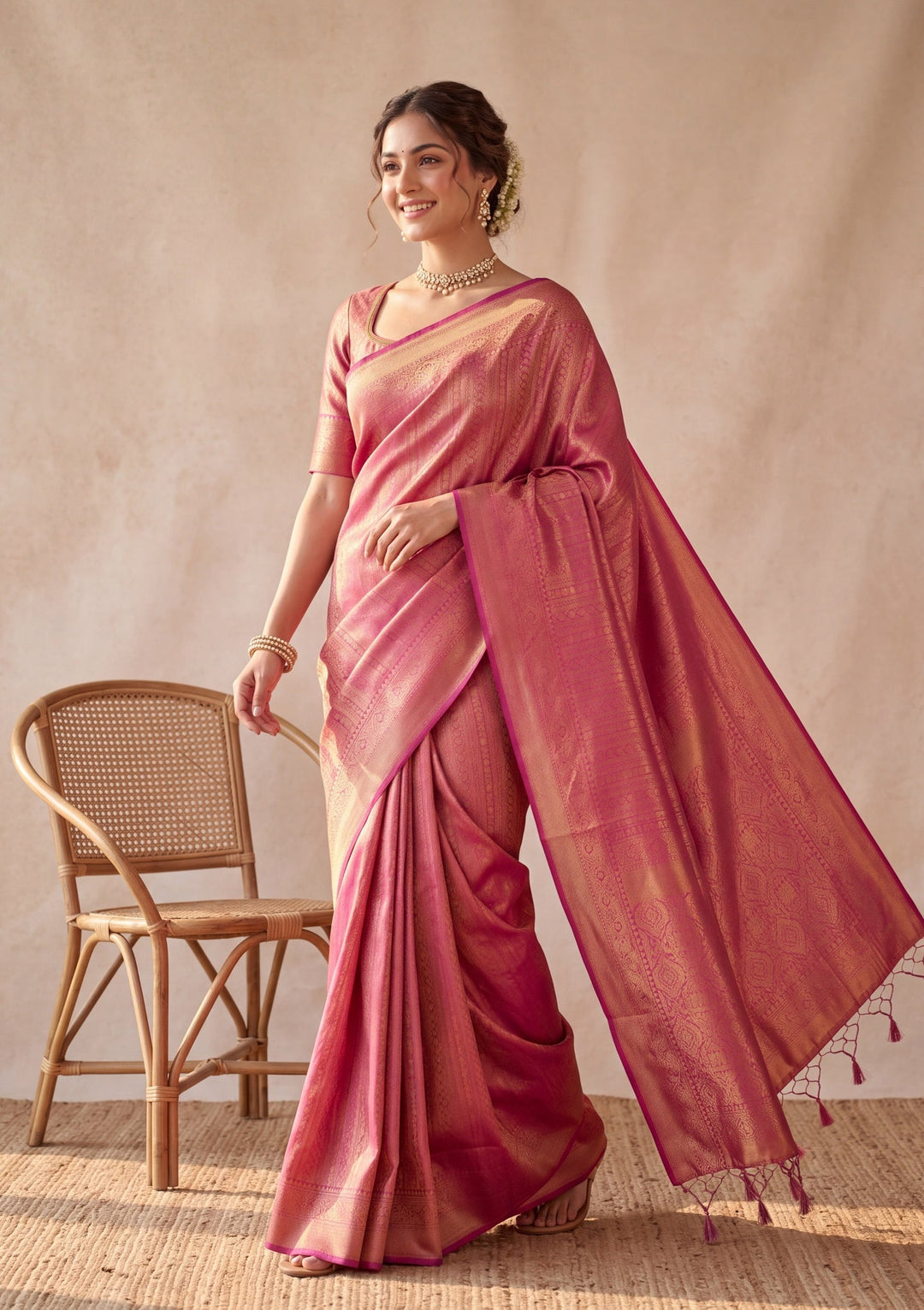Onion Pink Silk Jaal Saree With Matching Blouse Piece