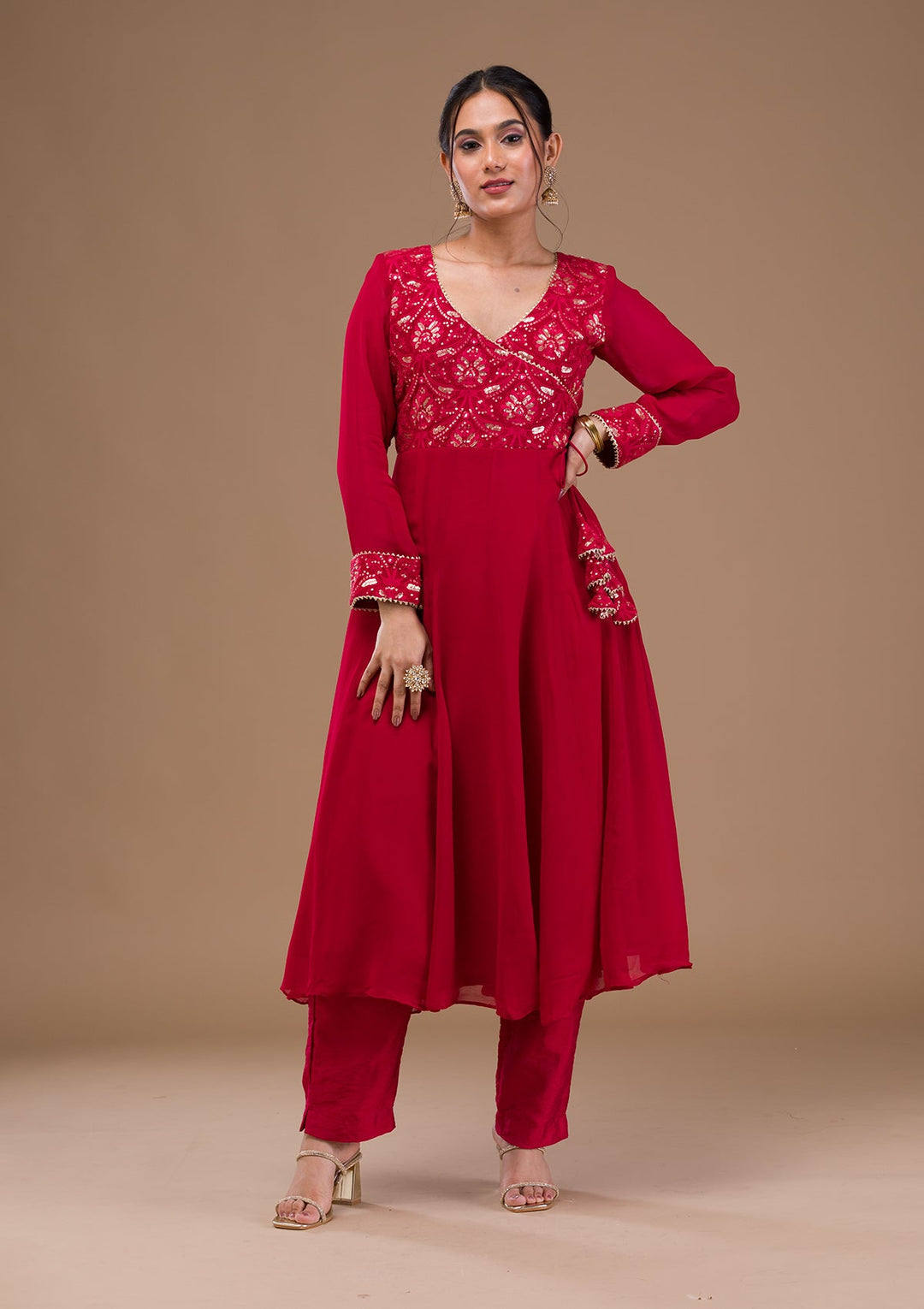 Maroon Zariwork Georgette Readymade Salwar Suit-Koskii
