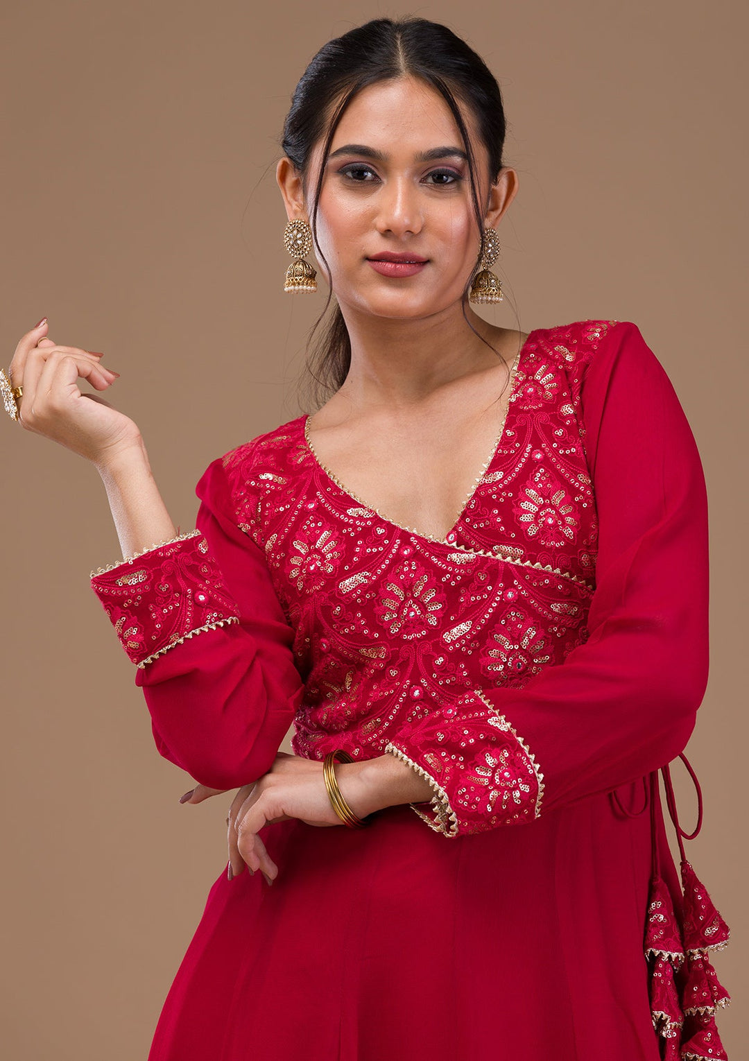 Maroon Zariwork Georgette Readymade Salwar Suit-Koskii